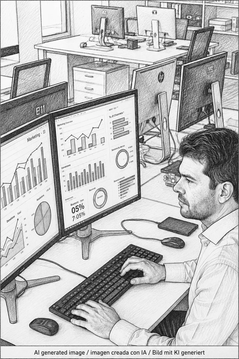 Pencil illustration of a marketing consultant reviewing campaign dashboards on two screens